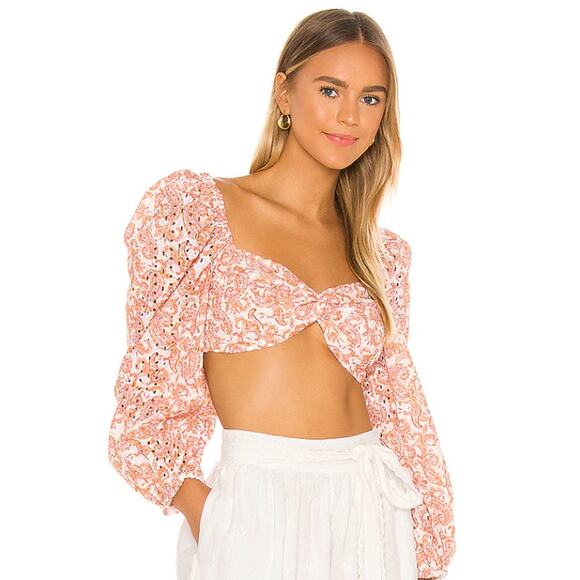 Bardot Tops - Bardot Women's size 10 Large Orange White Paisley Eyelet Crop Long Sleeve Blouse
